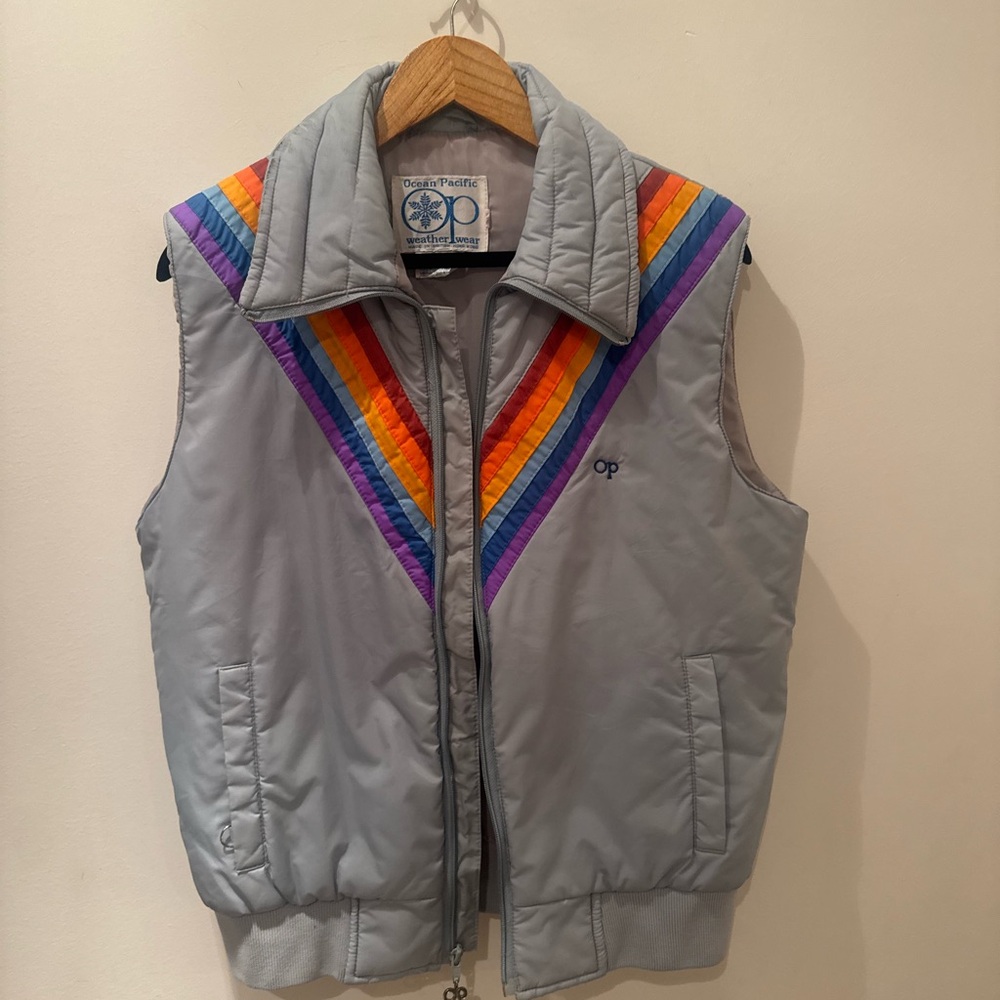 VINTAGE OP 1970s Grey Vest with Colorful Stripes. Men’s M but perfect for women!